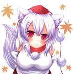  animal_ears arms_behind_back banned_artist bare_shoulders detached_sleeves face hat highres inubashiri_momiji leaf leaning_forward maple_leaf oohirakeisuke red_eyes simple_background smile solo tokin_hat touhou wolf_ears 