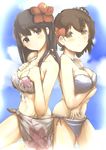  akagi_(kantai_collection) alternate_costume back-to-back bad_id bad_pixiv_id bikini black_hair breasts brown_eyes brown_hair cleavage flower gedou_(shigure_seishin) hair_flower hair_ornament hibiscus highres kaga_(kantai_collection) kantai_collection long_hair medium_breasts multiple_girls print_sarong sarong short_hair swimsuit white_sarong 