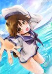  :d akatsuki_hijiri animal_ears ascot blush brown_eyes brown_hair dutch_angle extra_ears foreshortening hat hat_removed headwear_removed miyafuji_yoshika ocean one-piece_swimsuit open_mouth outstretched_hand sailor smile solo strike_witches swimsuit wading water world_witches_series 