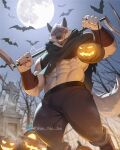 2024 abs ambient_bat anthro arm_wraps barazoku bat biceps big_muscles bottomwear canid canine canis claws cloak clothed clothing cross death_(puss_in_boots) detailed_background dreamworks food fruit full_moon fur glowing glowing_eyes halloween hi_res holding_object holidays huge_muscles jack-o&#039;-lantern kemono looking_at_viewer low-angle_view male mammal melee_weapon moon muscular muscular_anthro muscular_male navel night obliques outside pants plant pumpkin puss_in_boots_(franchise) red_eyes serratus shan_yao_jun sickle smile solo standing star teeth tombstone tree tuft weapon wolf wraps