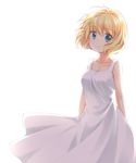  air blonde_hair blue_eyes collarbone dress kamio_misuzu satou_aoi short_hair simple_background solo sundress white_background wind 