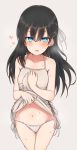  1girl @_@ bangs bare_arms bare_shoulders black_hair blue_eyes blush breasts brown_background brown_dress collarbone commentary_request dress dress_lift eyebrows_visible_through_hair groin hair_between_eyes hair_ribbon heart highres lifted_by_self long_hair looking_at_viewer navel nonono_(mino) original panties parted_lips ribbon side-tie_panties simple_background slave-chan_(mino) sleeveless sleeveless_dress small_breasts solo sweat underwear white_panties white_ribbon 