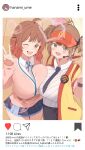  ;d absurdres ahoge alternate_breast_size annrichan asymmetrical_docking blue_overskirt blue_skirt breast_press breasts brown_hair cardigan character_name commentary_request crossover double_cheese_(mcdonald's) fang gakuen_idolmaster gradient_hair hanami_ume hatsuboshi_gakuen_school_uniform headset heart highres huge_breasts idolmaster instagram looking_at_viewer mcdonald's multicolored_hair one_eye_closed orange_hair pink_cardigan pinstripe_pattern pinstripe_shirt pleated_skirt school_uniform shirt short_twintails skin_fang skirt smile social_network striped_clothes striped_shirt translation_request twintails v vertical-striped_clothes vertical-striped_shirt visor_cap white_shirt 