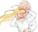  2girls blonde_hair choker closed_eyes closed_mouth commentary dohwa110 dungeon_meshi elf falin_touden falin_touden_(tallman) floating_hair green_eyes hand_on_another's_waist highres long_sleeves marcille_donato multiple_girls pointy_ears red_choker red_ribbon ribbon shirt short_hair simple_background smile upper_body white_background white_shirt yuri 