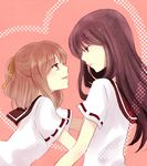  bad_id bad_pixiv_id brown_hair eye_contact gakkou_de_atta_kowai_hanashi heart long_hair looking_at_another multiple_girls open_mouth school_uniform serafuku short_hair simple_background smile sui_(camellia) yuri 