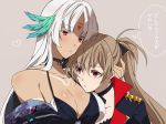  2girls amazuki_jou azur_lane bangs bare_shoulders breasts brown_hair cleavage closed_mouth collar collarbone commentary_request dark_skin earrings eyebrows eyebrows_visible_through_hair eyes_visible_through_hair feather_hair_ornament grey_background heart hug jean_bart_(azur_lane) jewelry large_breasts long_hair massachusetts_(azur_lane) multiple_girls native_american ponytail red_eyes simple_background thought_bubble translation_request upper_body white_hair yuri 