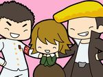  ^_^ armband black_hair blonde_hair brown_hair chibi closed_eyes danganronpa danganronpa_1 fujisaki_chihiro gakuran grin hand_on_hip hand_on_shoulder ishimaru_kiyotaka kashiwa_kiseri multiple_boys oowada_mondo open_mouth otoko_no_ko pompadour school_uniform smile white_gakuran 