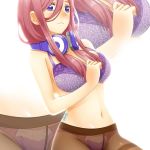  1girl bangs bare_shoulders bra breasts brown_hair cleavage closed_mouth dutch_angle go-toubun_no_hanayome hair_between_eyes headphones headphones_around_neck lace lace_bra lace_panties large_breasts long_hair lukmanscootkenn nakano_miku navel panties pantyhose purple_bra purple_eyes purple_panties solo stomach thighs underwear 