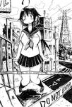  breasts greyscale hade_na_kangofu long_hair medium_breasts monochrome original pigeon-toed pleated_skirt road school_uniform serafuku skirt solo 