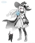  1girl bandaid bandaid_on_clothes bandaid_on_knee bandaid_on_leg boots cat cloak dress flat_chest floating_hair full_body hat highres holding holding_staff kumo_sheep little_witch_nobeta long_hair monochrome nobeta official_art phyllis_(cat)_(little_witch_nobeta) phyllis_(little_witch_nobeta) red_eyes spot_color staff thighhighs witch witch_hat 