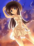  arm_up armpits backlighting bad_id bad_pixiv_id bare_arms bare_shoulders black_hair blue_eyes cloud collarbone dress gokou_ruri hand_on_headwear hat keikotsu long_hair looking_at_viewer open_mouth ore_no_imouto_ga_konna_ni_kawaii_wake_ga_nai sky sleeveless sleeveless_dress solo sundress sunset white_dress 