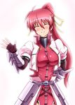  closed_eyes diesel-turbo fingerless_gloves gloves long_hair lyrical_nanoha mahou_shoujo_lyrical_nanoha mahou_shoujo_lyrical_nanoha_a's pink_hair ponytail signum smile solo waving 