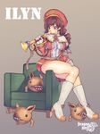  belt boots brown_hair chair character_name copyright_name creature dragon_nest eileen_(dragon_nest) full_body gloves grey_background hat instrument knee_boots kubu_kurin long_hair poochum red_eyes sharp_teeth shawl sitting skindentation skirt solo teeth trumpet 