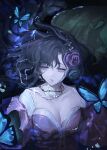  1girl absurdres black_flower black_hair blue_butterfly breasts bug butterfly cleavage commission dark_background dress floating_hair flower hair_flower hair_ornament highres isolde_(reverse:1999) jewel_under_eye jewelry long_hair looking_to_the_side medium_breasts necklace parted_lips partially_submerged pearl_necklace purple_dress purple_eyes purple_flower reverse:1999 solo upper_body very_long_hair youzha_ligui 