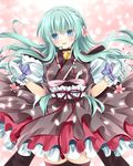  alternate_costume aqua_eyes bell blush bow braid breasts cherry_blossoms flower frog gloves green_hair hair_ornament japanese_clothes kochiya_sanae long_hair medium_breasts nogi_takayoshi open_mouth petals skirt smile snake solo thighhighs touhou zettai_ryouiki 