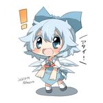  1girl bad_id bad_twitter_id blue_eyes blue_hair blush bow cirno lowres open_mouth rebecca_(keinelove) ribbon short_hair smile touhou wings 