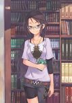  belt bike_shorts book bookshelf brown_eyes brown_hair duplicate glasses jewelry long_hair mole mole_on_neck necklace nike_(smaaaash) original shelf solo 