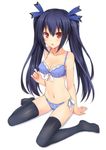  black_hair black_legwear blue_bra blue_panties blush bra breasts cleavage hair_ribbon long_hair looking_at_viewer medium_breasts navel neptune_(series) noire open_mouth panties red_eyes ribbon side-tie_panties sitting solo terras thighhighs twintails underwear underwear_only wariza 