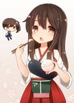  akagi_(kantai_collection) armor bowl brown_eyes brown_hair cherry_blossoms chibi chopsticks eating food food_on_face japanese_clothes kaga_(kantai_collection) kantai_collection long_hair minigirl mootor multiple_girls muneate open_mouth ponytail rice side_ponytail thighhighs 