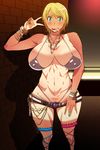  :p bare_shoulders bikini_top blonde_hair bracelet breasts chain copyright_request covered_nipples cross green_eyes huge_breasts jewelry kunifuto looking_at_viewer nail_polish navel necklace one-piece_tan pubic_hair short_hair smile solo sweat tan tanline tongue tongue_out v 