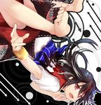  barefoot black_hair bracelet dress efe fang horns jewelry kijin_seija long_hair looking_at_viewer md5_mismatch multicolored_hair open_mouth red_eyes red_hair short_sleeves smile solo touhou two-tone_hair upside-down white_dress 
