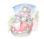  animal_ears baku_taso black_hair blue_sky bunny_ears car closed_eyes cloud colored_pencil_(medium) driving grin ground_vehicle hat houraisan_kaguya inaba_tewi motor_vehicle multiple_girls nose_bubble nurse_cap purple_hair reisen_udongein_inaba silver_hair sky sleeping sleeping_upright smile touhou traditional_media watercolor_(medium) yagokoro_eirin 