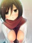  black_eyes black_hair blush breasts breasts_outside copyright_name long_sleeves medium_breasts mikasa_ackerman nipples open_clothes open_shirt oppaimilk scarf shingeki_no_kyojin shirt solo triangle_mouth 