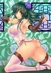  ass breasts china_dress chinese_clothes clenched_hands covered_nipples detached_sleeves dress fighting_stance flower green_hair hair_flower hair_ornament high_heels highres lace lace-trimmed_thighhighs large_breasts long_hair no_panties original rokko sideboob smile solo thick_thighs thighhighs thighs yellow_eyes 