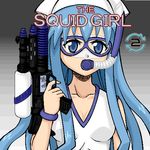 1girl blue_hair english gun ikamusume parody shinryaku!_ikamusume solo terminator water_gun weapon 