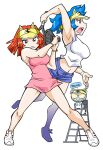  2girls alternate_costume alternate_hairstyle amu_ru animal_ear_headwear animal_ears aqua_hair arm_behind_head arm_up armpits bare_arms bare_legs bare_shoulders benga_ru black_outline black_tail blue_shorts breasts brown_eyes closed_mouth colored_sclera covered_nipples cub denim denim_shorts dress facing_viewer fake_animal_ears full_body hair_tie_on_wrist hat holding holding_racket holding_tennis_racket large_breasts legs legs_apart legs_up looking_ahead looking_at_viewer medium_hair midriff mukku_(mook-tv) multiple_girls navel no_socks official_art on_chair open_hand open_mouth orange_hair outline pink_dress playing_sports profile racket second-party_source serious shirt short_dress short_shorts shorts siblings simple_background sisters sitting sleeveless sleeveless_dress spiked_hair sportswear standing straight_hair striped_fur striped_hat striped_tail tail teeth tennis tennis_dress tennis_racket tennis_uniform thighs tiger tiger_ears tongue tora_da_yo. toranoana tsurime umpire umpire_chair upper_teeth_only visor_cap white_background white_fur white_shirt white_tail white_trim wristband yellow_hat yellow_sclera 
