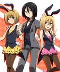  2girls :d animal_ears armin_arlert bare_shoulders black_hair blonde_hair blue_eyes blush breasts brown_eyes bunny_boy bunny_ears bunny_tail bunnysuit christa_renz cleavage crossdressing fake_animal_ears formal hand_on_another's_head hand_on_shoulder marimo_danshaku mikasa_ackerman multiple_girls open_mouth pantyhose scarf shingeki_no_kyojin short_hair small_breasts smile suit tail untied usamin v waving wrist_cuffs 