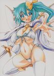  alternate_costume aqua_hair between_breasts bikini blue_eyes breasts cape cleavage colored_pencil_(medium) curvy daiyousei fairy_wings hair_ribbon large_breasts looking_at_viewer marker_(medium) millipen_(medium) navel necktie necktie_between_breasts open_mouth outstretched_arm outstretched_hand ribbon side_ponytail simple_background smile solo swimsuit sword thighhighs touhou traditional_media underboob weapon white_background white_bikini white_legwear wings yutakasan-love 