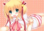  blonde_hair bow condom_wrapper green_eyes kamikita_komari little_busters! lying on_stomach panties pink_bow school_uniform short_hair striped striped_panties suzune_rena underwear 