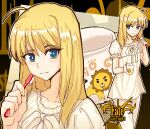  ahoge artoria_pendragon_(fate) blonde_hair copyright_name cowboy_shot cup fate/stay_night fate_(series) green_eyes hair_down holding holding_cup holding_toothbrush light_blush lion_print mug multiple_views official_alternate_costume pajamas portrait print_mug saber_(fate) sikskiez toothbrush yellow_theme 