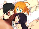  1boy 3girls all_fours anaji aqua_eyes aragaki_ayase ass black_hair blue_eyes blue_hair blush body_writing erection fellatio gokou_ruri heart kousaka_kirino licking long_hair multiple_fellatio multiple_girls nude oral orange_hair ore_no_imouto_ga_konna_ni_kawaii_wake_ga_nai penis red_eyes saliva teamwork testicles text tongue tongue_out translated translation_request uncensored 