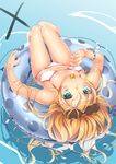  barefoot bikini blonde_hair bracelet candy day food freckles green_eyes innertube jewelry lollipop long_hair looking_at_viewer navel original outdoors partially_submerged ryuji_(ikeriu) shiny shiny_skin solo sunglasses swimsuit thigh_gap upside-down water wet 