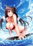  ;d absurdres animal_ears arm_support bikini blue_sky blush breasts brown_hair cleavage day front-tie_top highres large_breasts long_hair mikuni_mizuki non-web_source ocean one_eye_closed open_mouth original outdoors red_bikini red_eyes scan side-tie_bikini skindentation sky smile solo sparkle splashing string_bikini swimsuit tail tiger_ears tiger_tail toranoana two_side_up very_long_hair water water_drop 