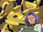  1980s_(style) absurdres commentary_request gundam hairband highres long_hair looking_at_viewer machinery mecha medal military_uniform mobile_suit nyahoekaki1 one-eyed open_mouth paptimus_scirocco purple_hair retro_artstyle robot science_fiction signature star_(sky) the_o_(mobile_suit) titans_(gundam) vernier_thrusters zeta_gundam 