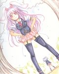  animal_ears black_legwear bunny_ears bunny_tail colored_pencil_(medium) garter_straps hands_on_hips highres ichirino_minagi jacket long_hair long_sleeves multiple_girls necktie pink_eyes pink_hair puffy_sleeves purple_hair red_neckwear reisen reisen_udongein_inaba shirt short_hair short_sleeves skirt tail thighhighs touhou traditional_media very_long_hair zettai_ryouiki 