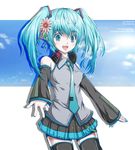  black_legwear blush chiri_(atlanta) detached_sleeves hatsune_miku headphones long_hair looking_at_viewer necktie skirt smile solo thighhighs twintails very_long_hair vocaloid 