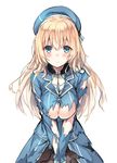  atago_(kantai_collection) black_legwear blonde_hair blue_eyes blue_hat blush breasts hat highres hiten_(hitenkei) kantai_collection large_breasts long_hair looking_at_viewer military military_uniform pantyhose simple_background solo tears torn_clothes underboob uniform v_arms white_background 