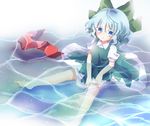  bad_id bad_pixiv_id barefoot blue_eyes blue_hair bow cirno colored_eyelashes dress hair_bow highres kuromame_(8gou) looking_at_viewer partially_submerged puffy_sleeves shirt short_sleeves silver_hair sitting solo touhou water 