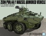  armored_personnel_carrier armored_vehicle bandai box_art cannon character_name commentary_request fake_box_art gundam gundam_requiem_for_vengeance highres logo machinery mixed-language_text model_kit motor_vehicle on_ground radio_antenna science_fiction shadow sketch waesel wheel zenkaku_138 zeon 