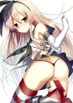  anchor ass bad_id bad_pixiv_id black_panties blonde_hair blush brown_eyes butt_crack elbow_gloves gloves hair_ornament hairband highres kantai_collection long_hair looking_at_viewer navel panties shimakaze_(kantai_collection) simple_background skirt solo striped striped_legwear thighhighs thong underwear white_background white_gloves yoruneko 