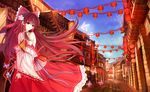  architecture ascot bad_id bad_pixiv_id bai_kongque bare_shoulders blue_sky bow brown_hair bug butterfly choker day detached_sleeves east_asian_architecture flower hair_bow hair_flower hair_ornament hair_tubes hakurei_reimu hands_together head_tilt highres insect jpeg_artifacts lantern long_hair looking_at_viewer outdoors parted_lips red_eyes ribbon road sarashi sky solo street touhou town v_arms very_long_hair 