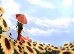  blue_sky blurry cloud day depth_of_field flower from_behind garden_of_the_sun grass green_hair hand_up highres holding holding_umbrella kazami_yuuka long_skirt mito_(mito) outdoors parasol red_skirt red_vest shirt short_hair skirt skirt_set sky solo sun sunflower sunlight touhou umbrella vest white_shirt wind 