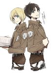  armin_arlert back-to-back black_hair blonde_hair book clothes_grab emblem eren_yeager friends from_side jacket male_focus multiple_boys open_book paradis_military_uniform shingeki_no_kyojin translated white_background xia_(ryugo) 