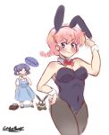  !? 2girls armpits arms_behind_back artist_name bandana bare_shoulders black_footwear black_leotard black_pantyhose blouse blue_dress blue_eyes blue_hair blush bob_cut bow bowtie braid braided_ponytail breasts briefcase brown_bag clenched_hand clenched_teeth closed_mouth collared_shirt commentary confident constricted_pupils covered_navel covering_own_mouth cowboy_shot detached_collar dress dress_shirt dropping embarrassed english_commentary fist_pump full_body fuurinkan_high_school_uniform genderswap genderswap_(mtf) hand_on_own_hip hand_up hatching_(texture) highleg highleg_leotard large_breasts leotard long_hair looking_at_another looking_at_viewer mary_janes medium_breasts missladysheep multiple_girls p-chan pantyhose parted_bangs parted_lips piglet pinafore_dress pink_hair playboy_bunny raised_eyebrows ranma-chan ranma_1/2 red_bow red_bowtie romaji_text saotome_ranma school_briefcase school_uniform shadow shirt shoes short_hair signature simple_background single_braid sitting sketch sleeveless sleeveless_dress smile socks speech_bubble standing strapless strapless_leotard surprised teeth tendou_akane v-shaped_eyebrows white_background white_shirt white_socks wrist_cuffs yellow_bandana 