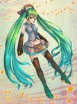  absurdres bad_id bad_pixiv_id boots detached_sleeves fangxiang_cuoluan green_eyes green_hair groin half-skirt hatsune_miku highres long_hair musical_note nail_polish navel necktie open_mouth panties see-through skirt solo staff_(music) striped striped_panties thigh_boots thighhighs twintails underwear very_long_hair vocaloid 