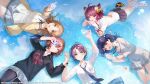  5girls absurdres ahoge asakura_toru bell black_hair black_pantyhose black_ribbon black_skirt black_sweater blazer blue_cardigan blue_hair blue_nails blue_sky breast_pocket brown_eyes brown_hair brown_nails cardigan cardigan_around_waist cat_girl clothes_around_waist cloud copyright_notice ear_piercing fangs flower fukumaru_koito gradient_hair grey_jacket grey_skirt hair_bell hair_bun hair_flower hair_ornament hair_ribbon hairclip highres higuchi_madoka holding holding_hands holding_mahjong_tile ichihime ichikawa_hinana idolmaster idolmaster_shiny_colors interlocked_fingers jacket jingle_bell jingle_bell_earrings light_brown_hair long_sleeves looking_at_viewer loose_necktie lying mahjong_soul mahjong_tile medium_hair mole mole_under_eye multicolored_hair multiple_girls neck_ribbon necktie noctchill_(idolmaster) official_art on_back on_stomach open_cardigan open_clothes outstretched_arm pantyhose petals piercing plaid_clothes plaid_skirt pleated_skirt pocket purple_eyes purple_nails rainbow_gradient red_eyes red_hair red_nails red_ribbon ribbon ripples school_uniform shirt short_hair single_side_bun skin_fangs skirt sky sleeves_rolled_up smile sweater swept_bangs thighs twintails white_shirt wristband yellow_cardigan 